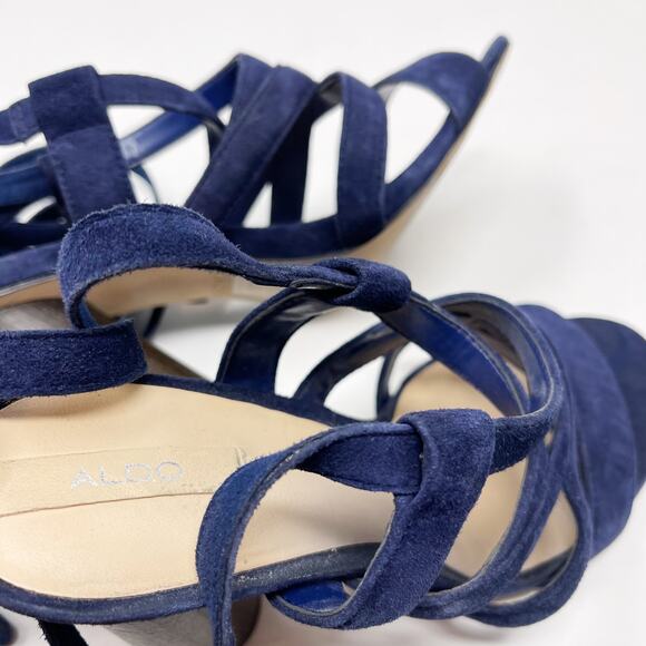 Aldo Womens 6.5 Navy Blue Lace Up Suede Heels 4" Round Wood Heels Open Toes - Picture 15 of 16